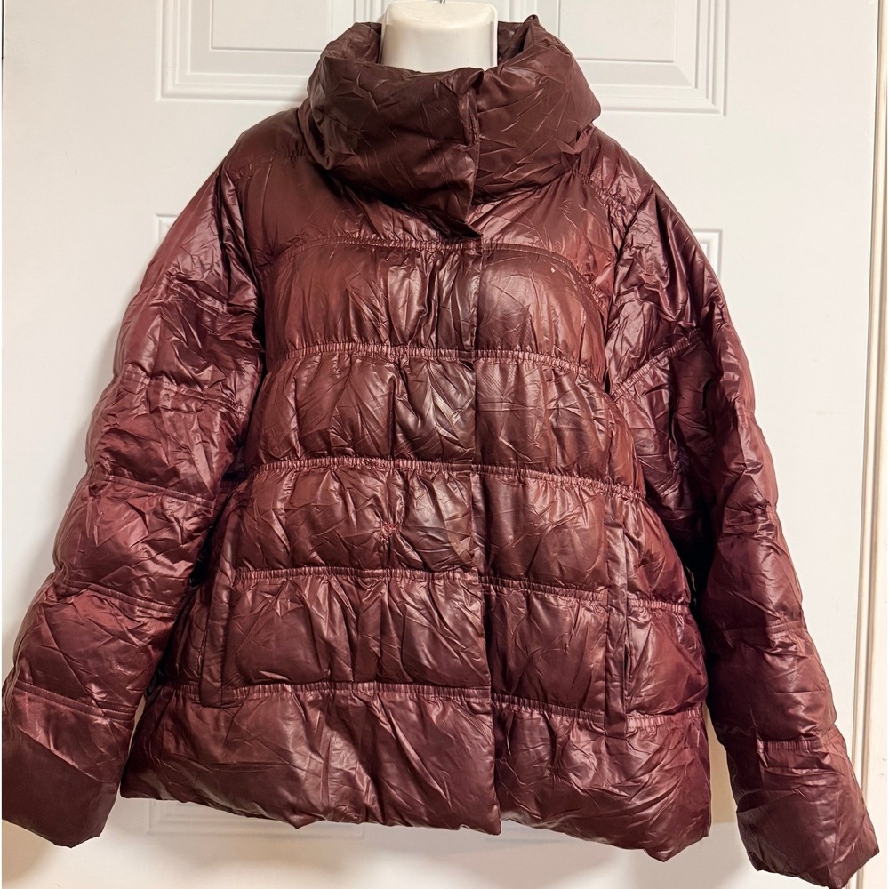 Eileen Fisher Quilted Puffer Jacket Maroon Stand Collar Oversized SZ XL‎ Glam